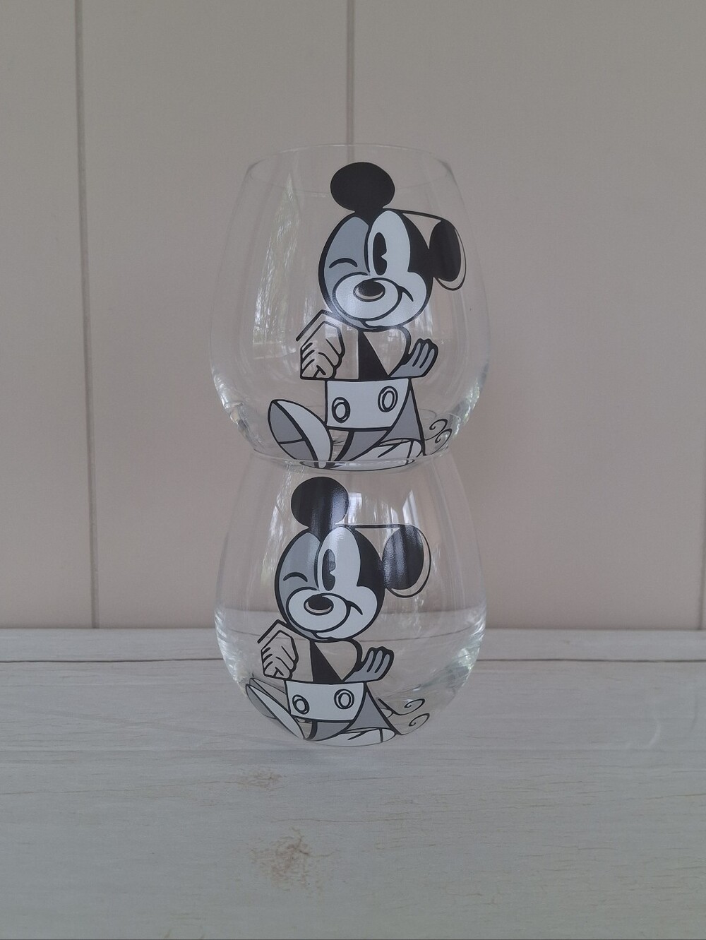Joyjolt Disney Mickey Mouse Constructive Stemless Wineglasses Pair
